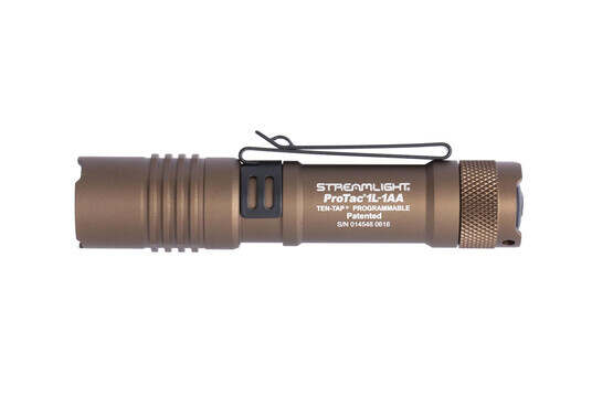 Streamlight ProTac 1L-1AA dual fuel 350 lumen handheld flashlight with coyote tan finish includes a bi-directional pocket clip